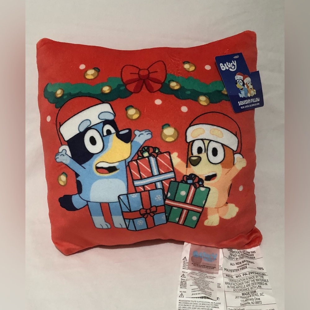 Disney Red Holiday Bluey Plush Pillow with Gift Graphics.12”X12”